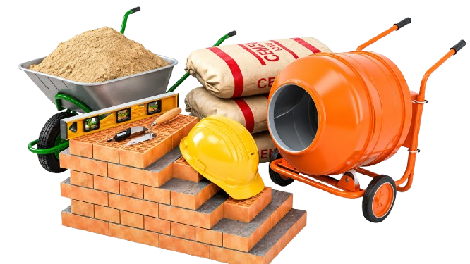 Materiais de construção: areia, cimento, tijolos, ferramentas e betoneira